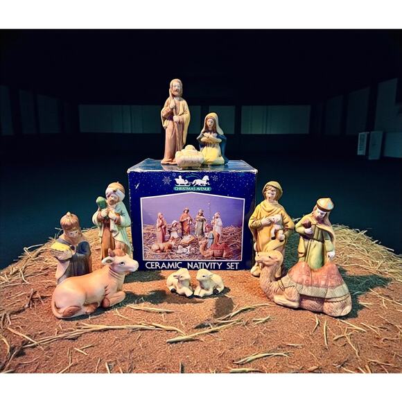 Vintage Ceramic Nativity Set Christmas Avenue-11 pc-Box-Hand Painted-Holy-Wise - Picture 1 of 8